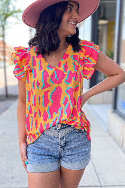 Orange Abstract Print V Neck Ruffled Sleeve Blouse - Eloy Royal