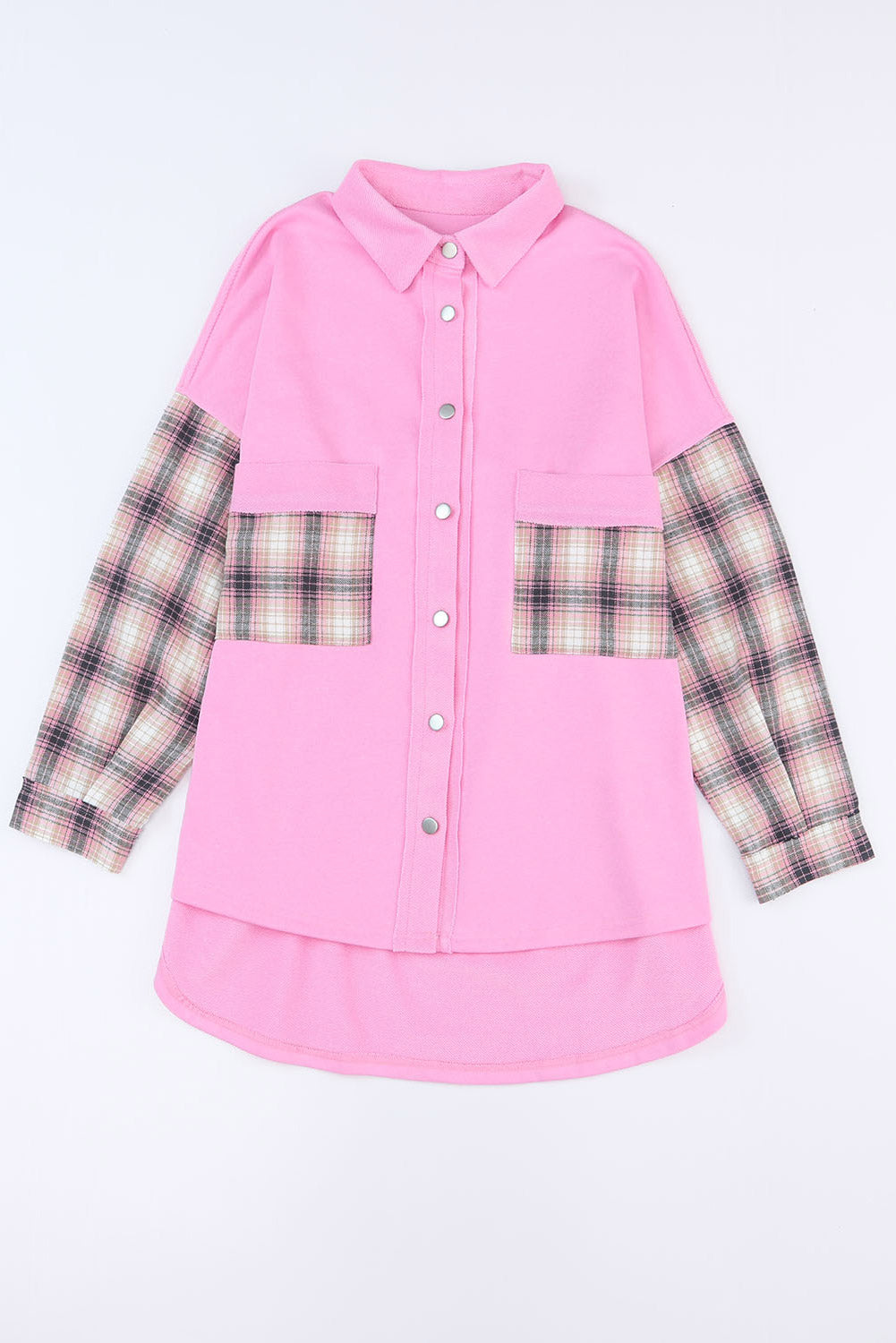 Rose Plaid Patchwork Chest Pockets Oversized Shirt Shacket - Eloy Royal