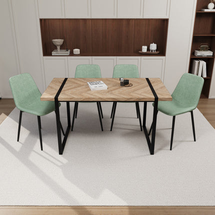59' MDF light wood dining table and modern dining chair 4-piece set, medieval wooden kitchen dining table set, rectangular metal base, dining table and suede chair