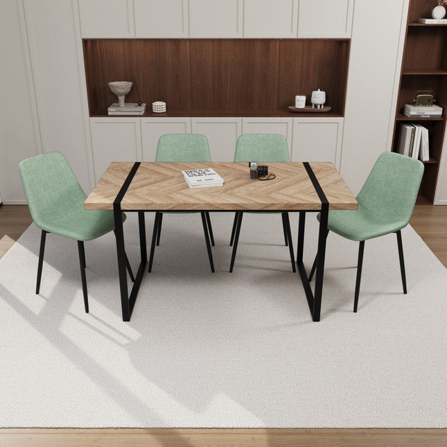 59' MDF light wood dining table and modern dining chair 4-piece set, medieval wooden kitchen dining table set, rectangular metal base, dining table and suede chair