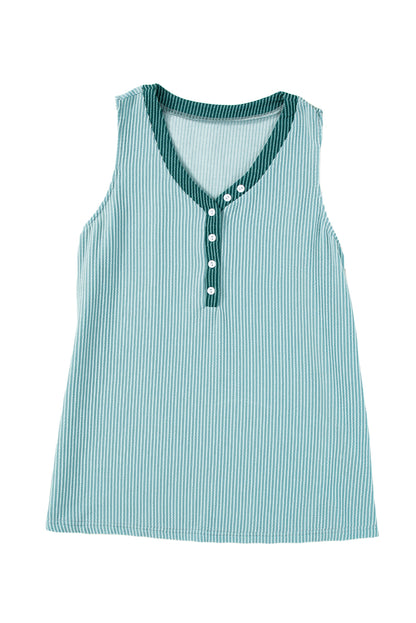 Mint Green Button Contrast V Neck Corded Tank Top - Eloy Royal