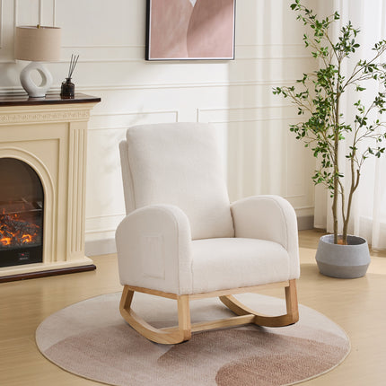 27.2'W Rocking Chair for Nursery, Sherpa Glider Chair with High Back and Side Pocket, Rocking Accent Armchair with Rubber Wood Legs for Living Room/Bedroom.Ivory