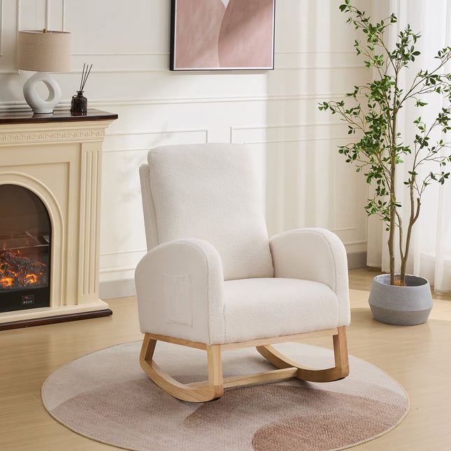 27.2'W Rocking Chair for Nursery, Sherpa Glider Chair with High Back and Side Pocket, Rocking Accent Armchair with Rubber Wood Legs for Living Room/Bedroom.Ivory