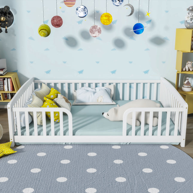 Full Size Floor Fence Bed with Central Entrance,Pine Wood Floor bed with Guardrails,White