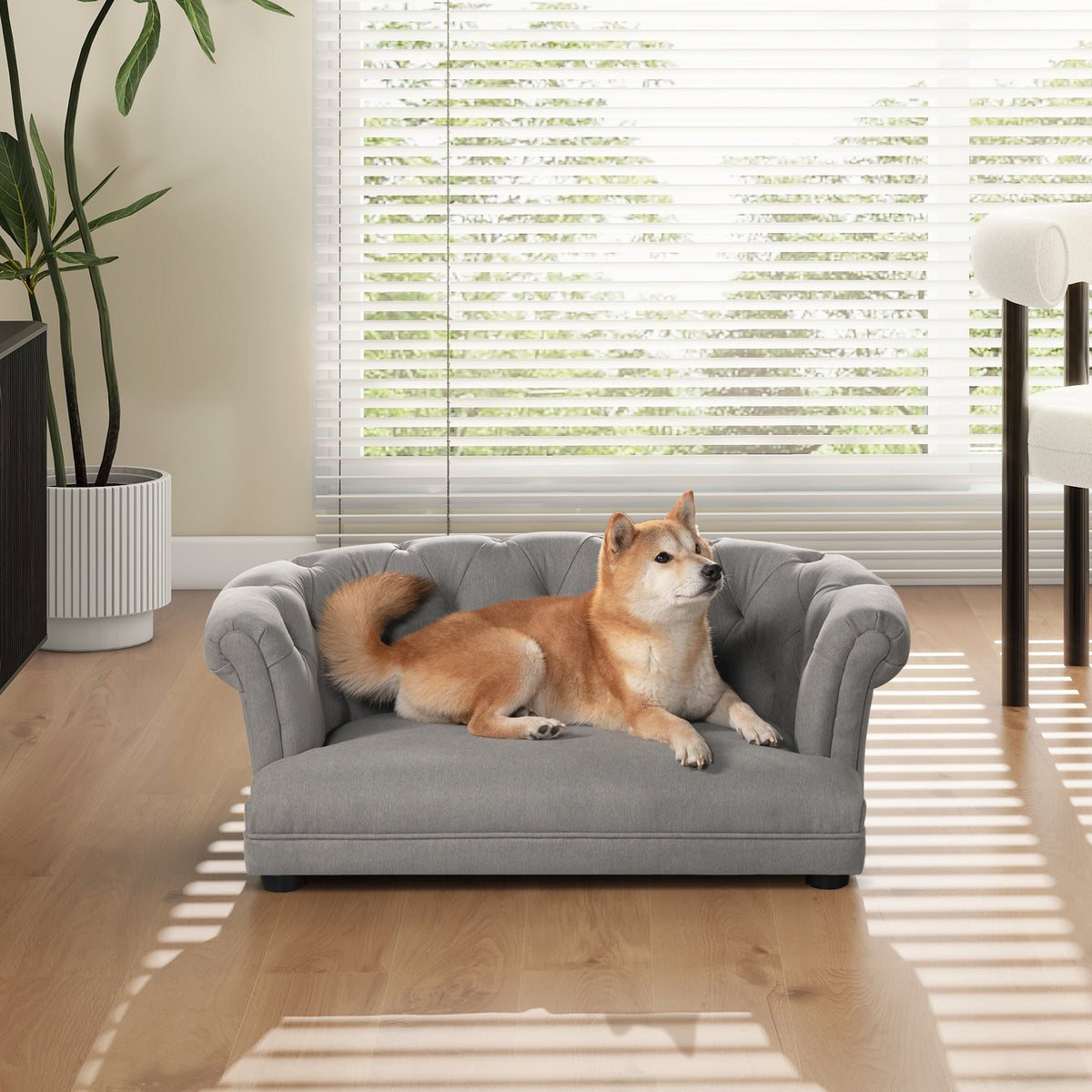 Kiki 36.5' Chesterfield Dog Sofa Bed, Medium, Uptown Gray Stain Resistant High Performance Polyester