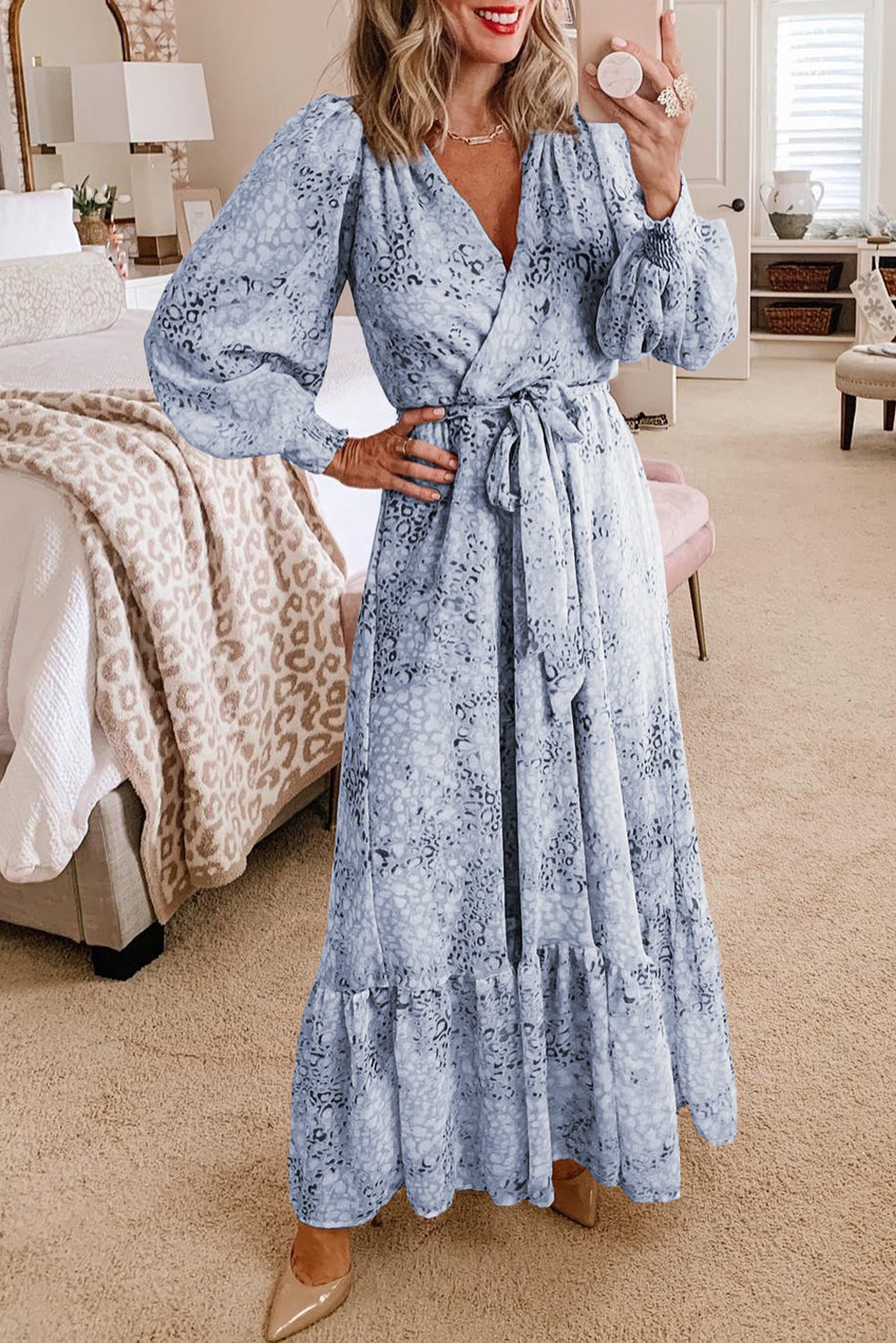 Sky Blue Printed Surplice V Neck Bubble Sleeve Sash Maxi Dress - Eloy Royal