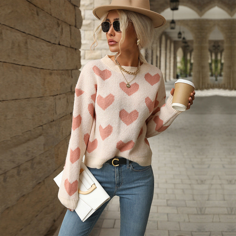 Fashion Love Print Knitting Sweater Casual Pullover Long-sleeved Top Womens Clothing