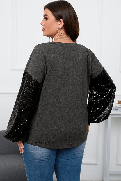 Wholesale Black Plus Size Sequin Bubble Sleeve V Neck Knit Top - Eloy Royal