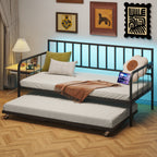 Twin Daybed with Trundle, Metal Trundle Bed, Sofa Bed Frame with Heavy Duty Metal Slats Sppports, Space Saving, for Living Room, Bedroom and Guest Room