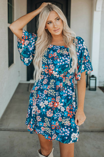 Dark Blue Bohemian Floral Print Off Shoulder Short Dress - Eloy Royal