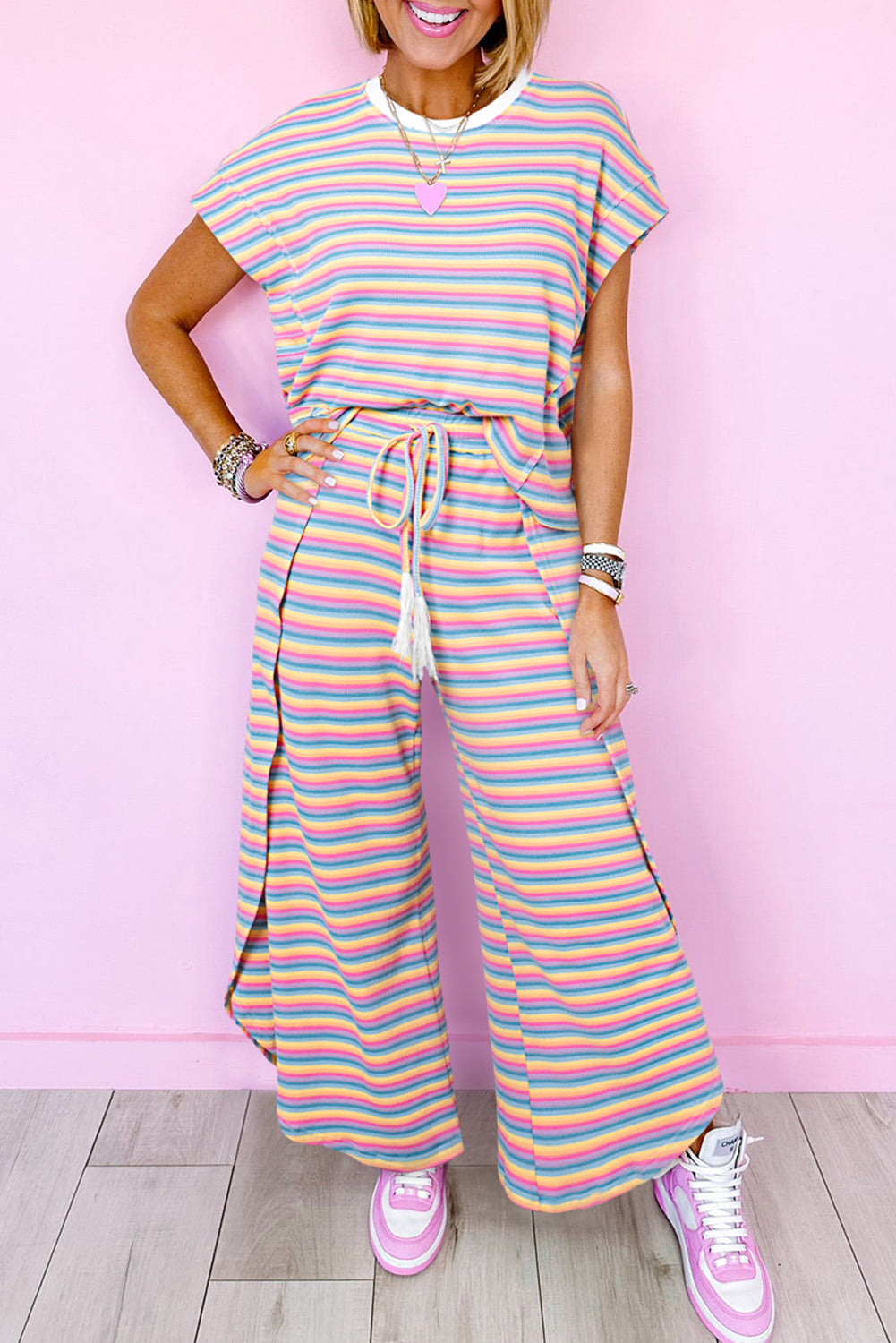 Pink Stripe Rainbow Tee and Tassel Drawstring Wide Leg Pants Set - Eloy Royal