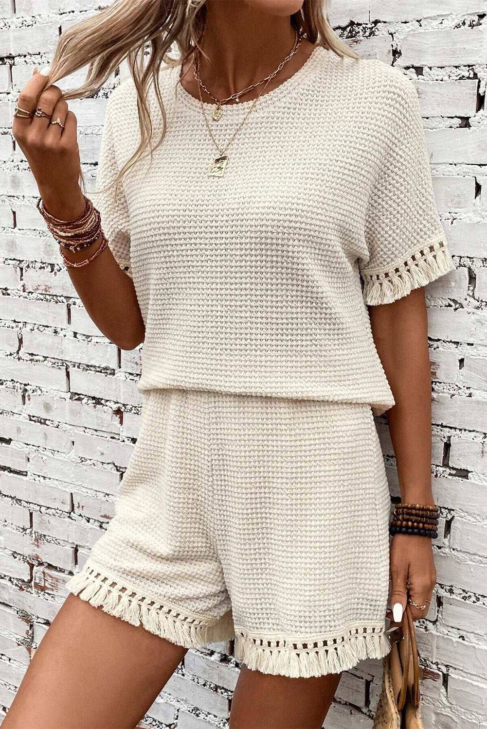 Beige Fringe Trim Waffle Knit Textured Shorts Set