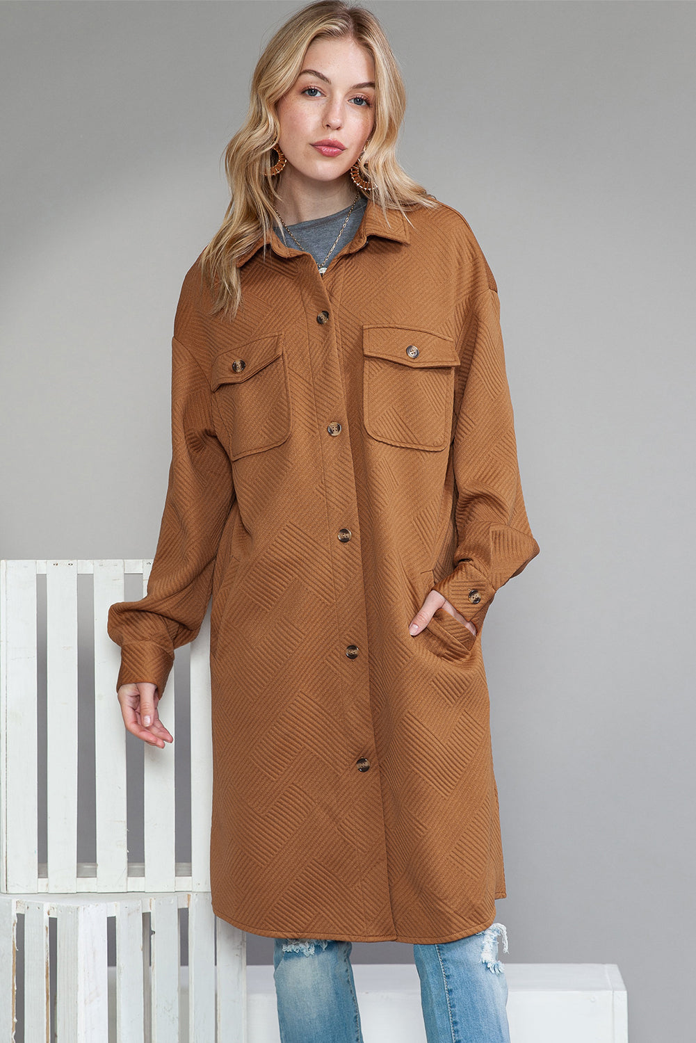 Chestnut Thermal Textured Pockets Long Shacket - Eloy Royal