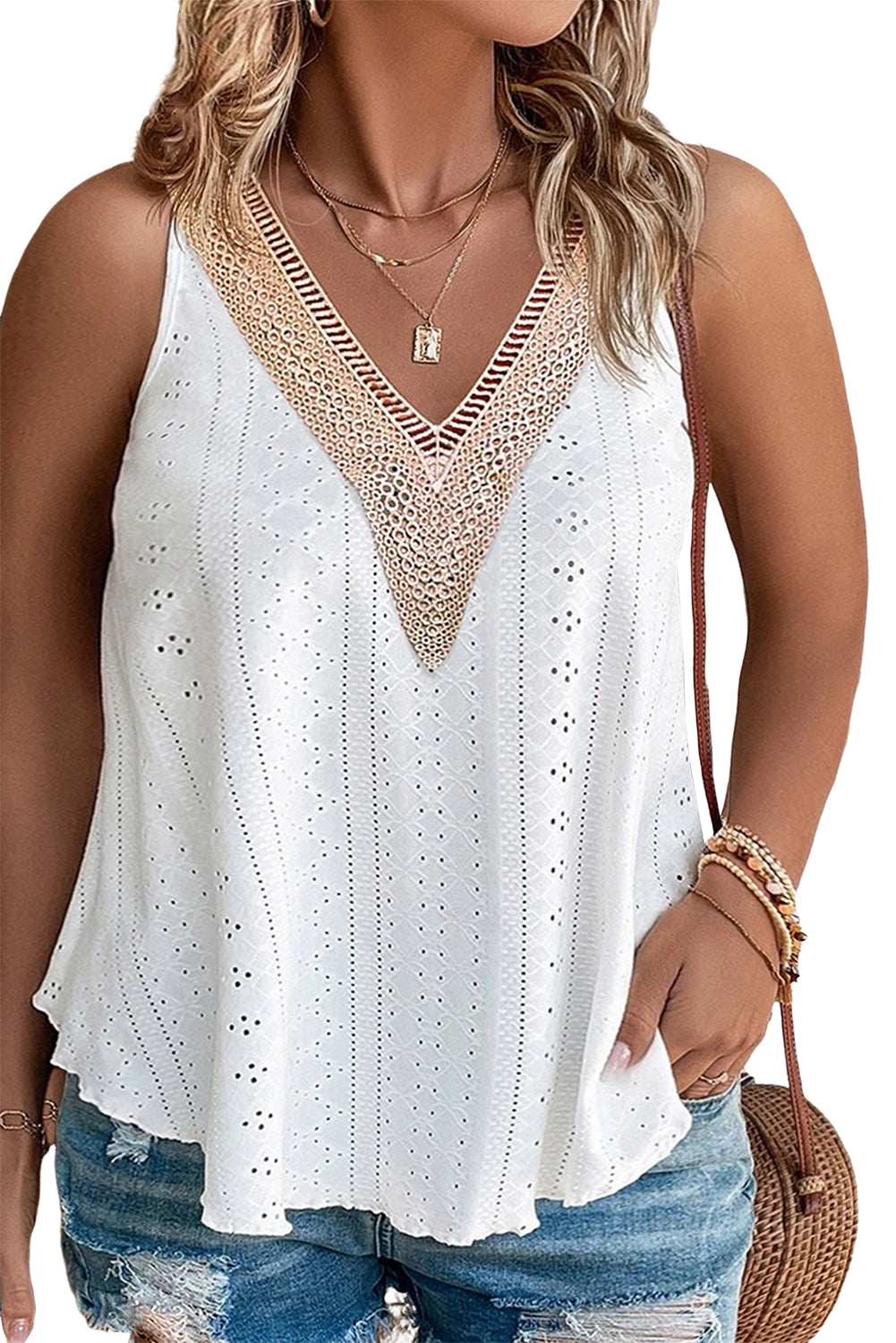 White Plus Size Guipure V Neck Eyelet Lace Tank Top - Eloy Royal