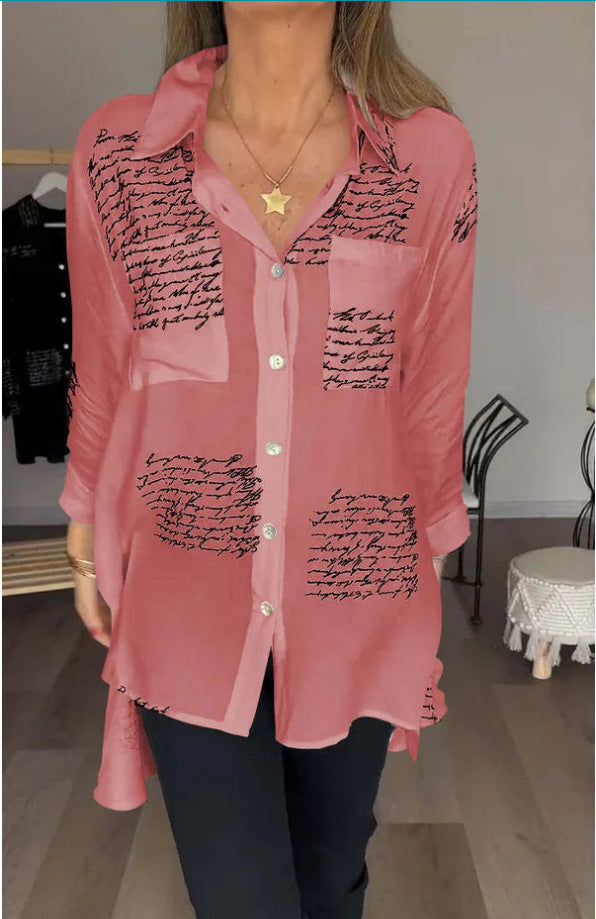 Letter Print Long Sleeve Shirt Fashion Commuter Style Lapel Shirt Women's Clothing