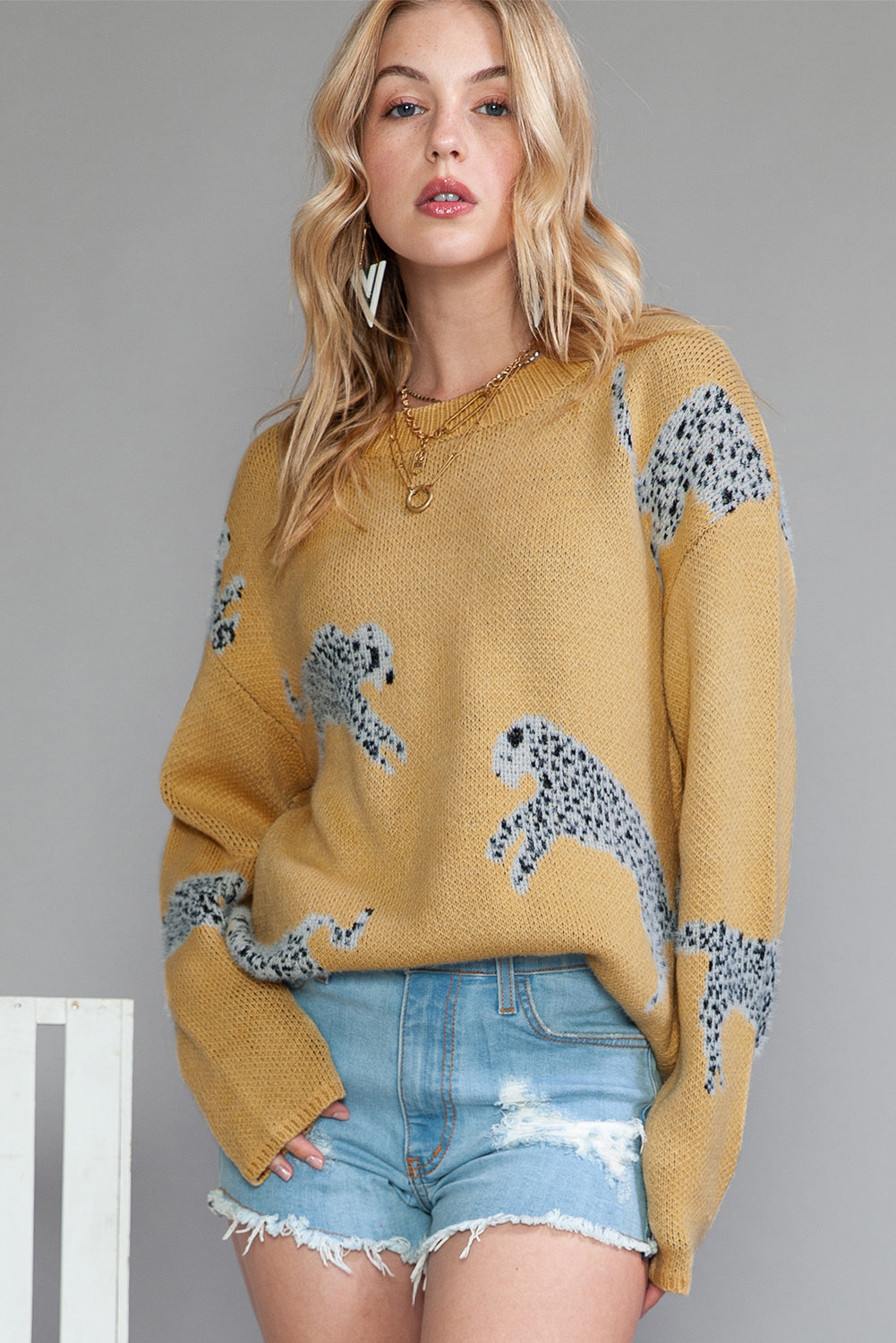 Wholesale Camel Color Animal Print Drop Shoulder Knit Sweater - Eloy Royal