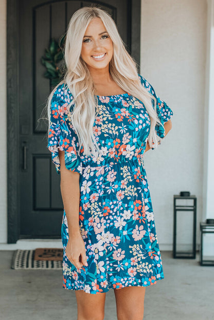 Dark Blue Bohemian Floral Print Off Shoulder Short Dress - Eloy Royal