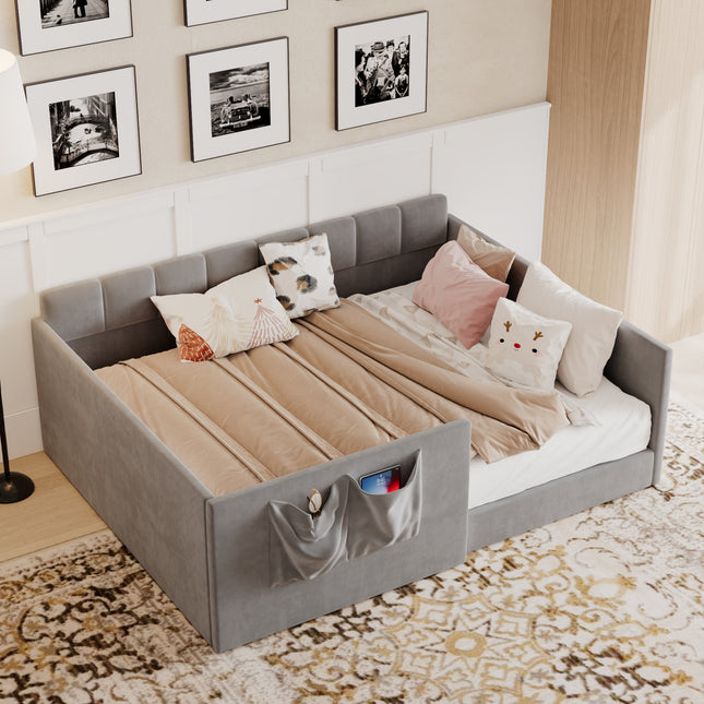 Full Size Daybed Velvet Upholstered Sofa Bed with High Side Panels and Side Entrance, Space-Saving Guest Bed with Storage Pockets, Gray