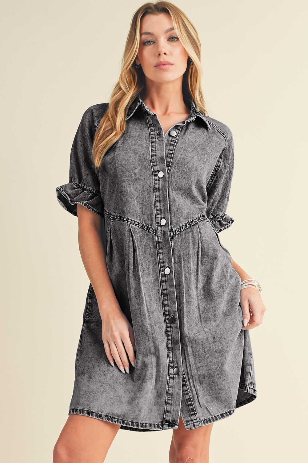 Blue Mineral Washed Ruffled Short Sleeve Pocketed Denim Dress - Eloy Royal