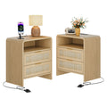 Rattan Nightstand with Charging Station Set of 2, 2 Drawers & Open Shelf, 22.8' Wide Curved Wooden Bedside Table, Modern Storage for Bedroom, Natural Oak.