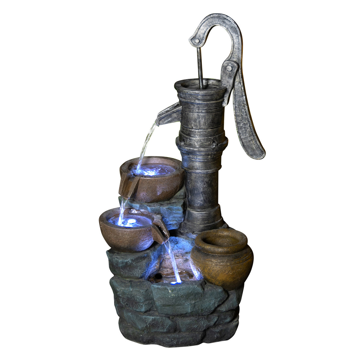 Rustic Hand Pump Water Fountain with LED Lights, Outdoor Resin Cascading Fountain, 32.3 Inch Tall