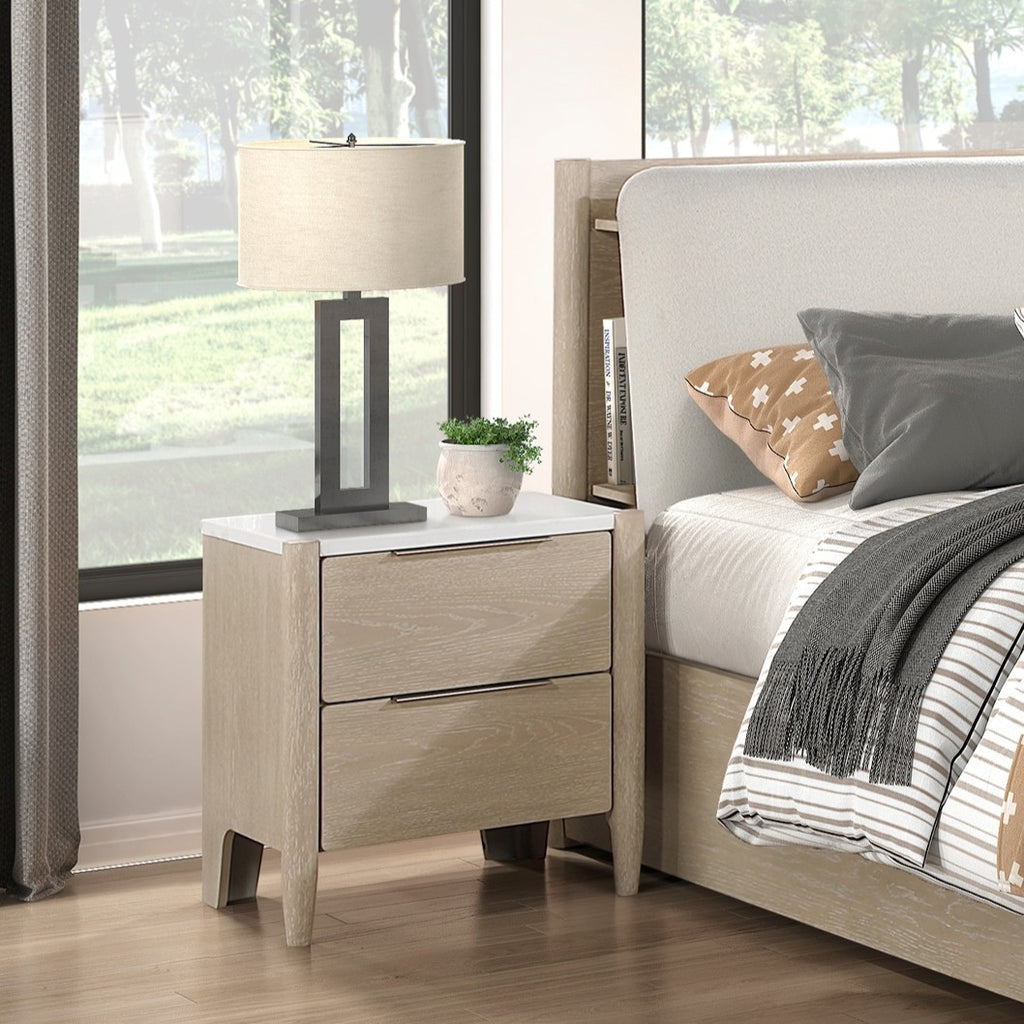 Modern Two Drawers Nightstand with Charging Ports Marble Top Light Oak Finish Bedroom Furniture 1pc Bedside Table