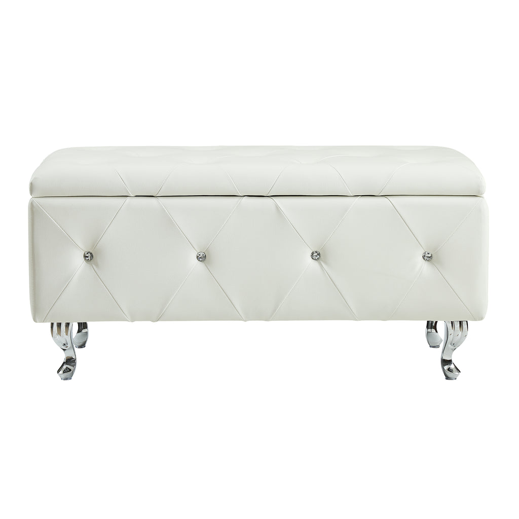 White Tufted Bonded Leather Storage Bench with Crystal Decor, Upholstered Bedroom Bench Ottoman with Hidden Storage for Entryway Bed End Living Room
