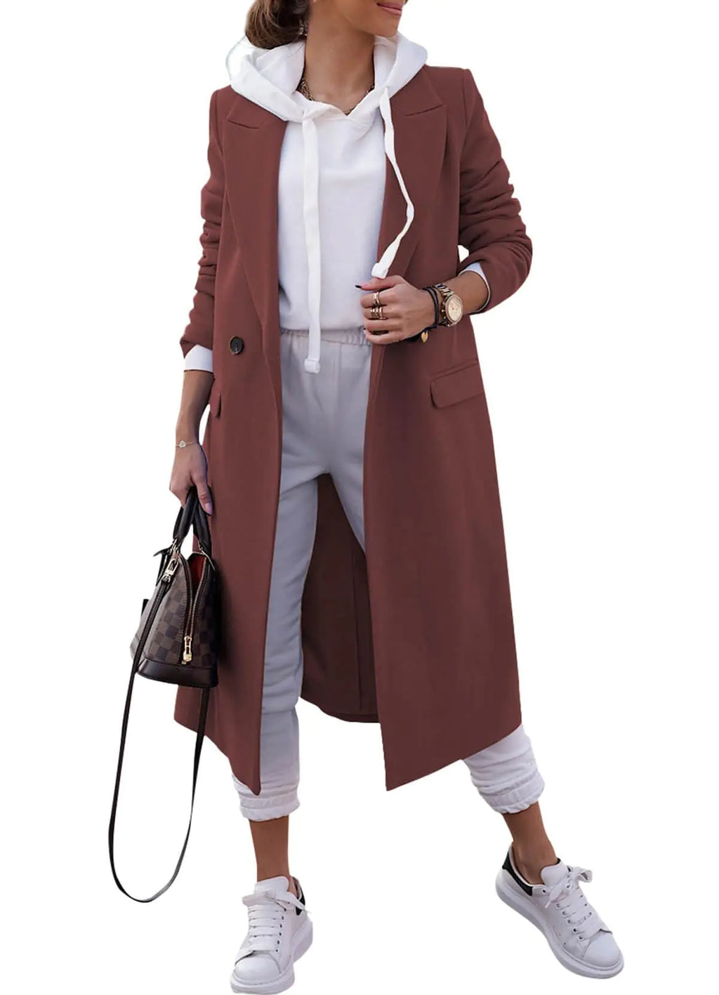 Zwurew Brown Coat Women Double Breasted Womens Wool & Pea Coats Notched Lapel Collar Womens Long Coat Trench Coat