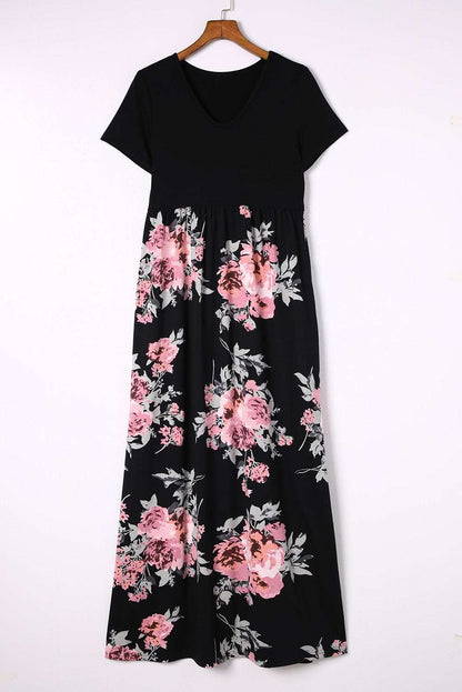 Black Contrast Floral Empire Waist Maxi Dress