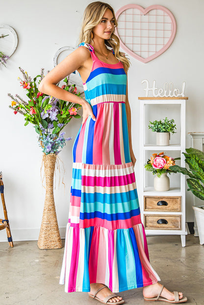 Multicolor Striped Print Bow Knot Straps Sleeveless Maxi Dress - Eloy Royal