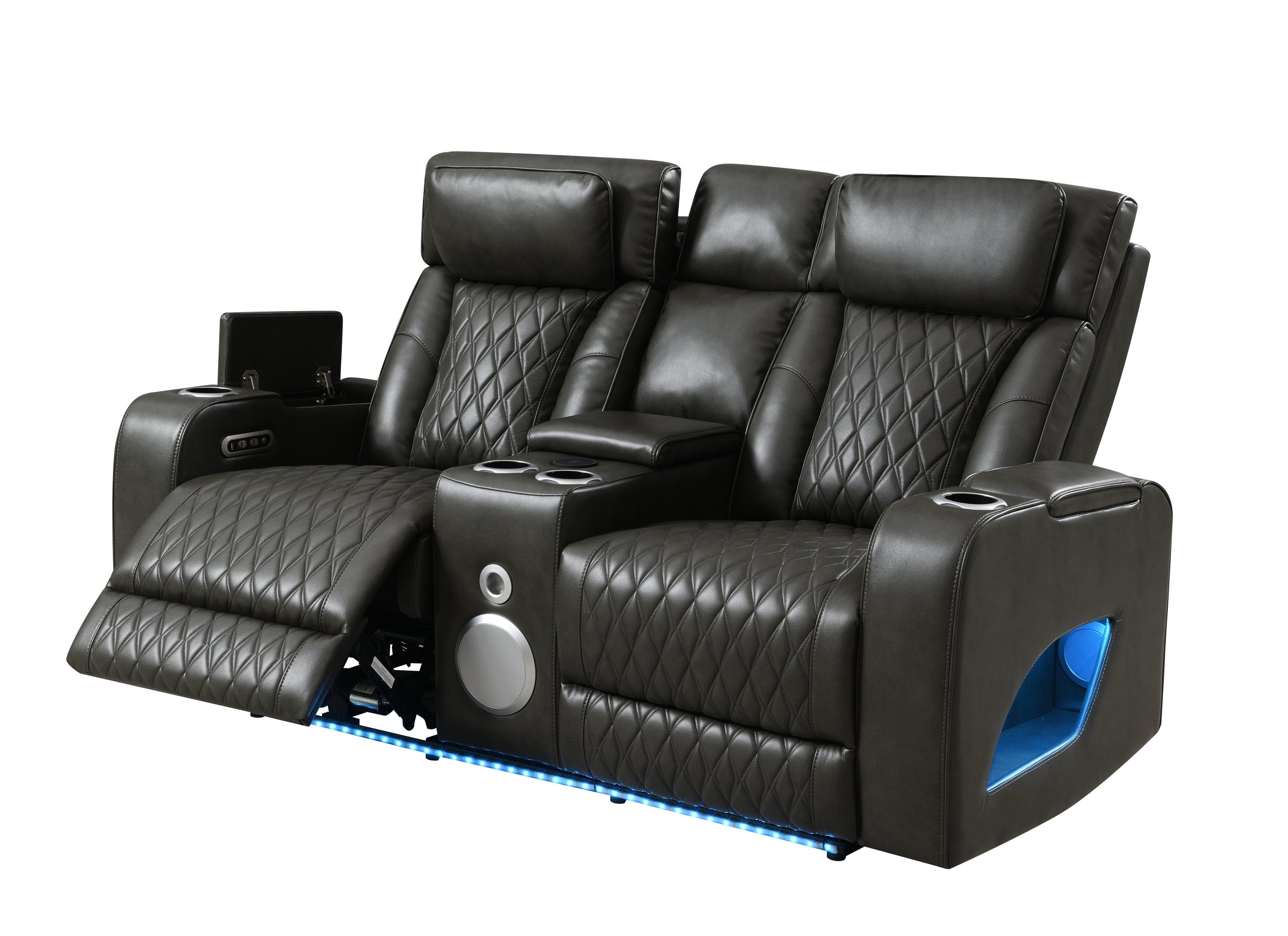 Taddeo Dark Gray Synthetic Leather Power Motion Loveseat w/Console, Speaker, USB, Wireless Charger & LED