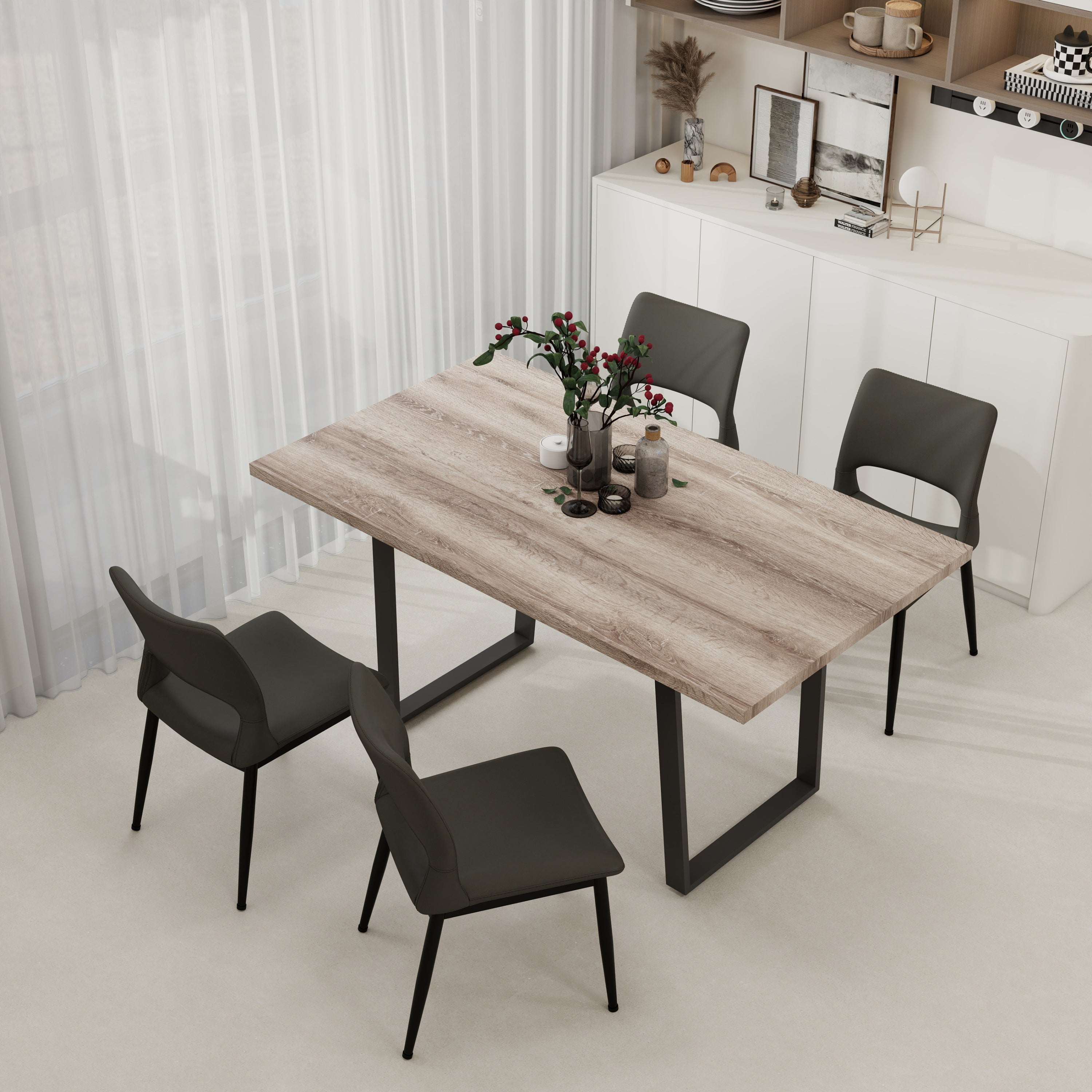 62.9 Inch Rectangular MDF Dining Table and Chair Set with 4 Grey PU Cushion Black Metal Leg Chairs - Sturdy, Easy to Assemble for Kitchen & Dining Room
