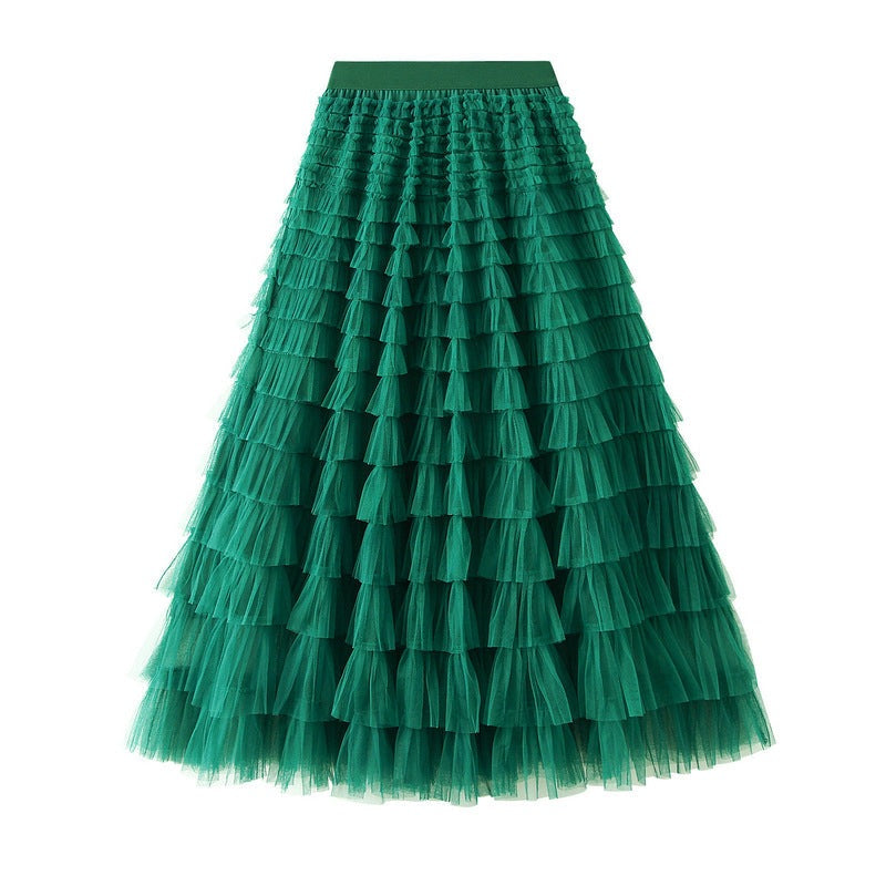 A-Line Mesh Ruffle Skirt Women's Temperament Sweet Long Skirt Slim Cupcake Dress Womens Clothing.