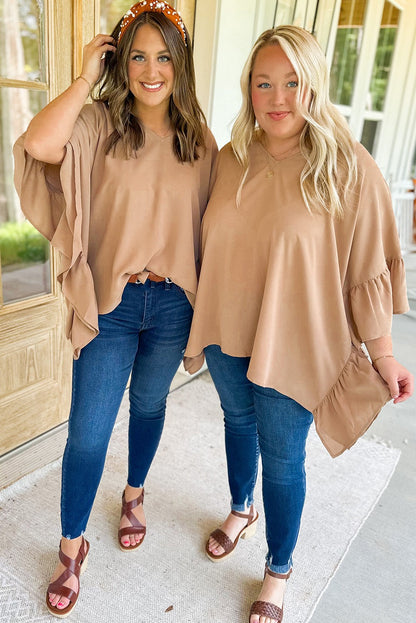 Smoke Gray Plus Size Ruffled Dolman Sleeve V Neck Blouse - Eloy Royal