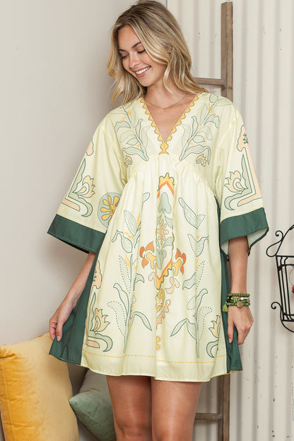 Multicolor Boho Floral V Neck Bell Sleeve Dress - Eloy Royal