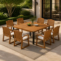 9‑Piece Acacia Wood Outdoor Patio Dining Set, 64' Square Teak Finish Wooden Table and 8 Arm Chairs with Cream Cushions, Slatted Back Design for Backyard Garden Deck