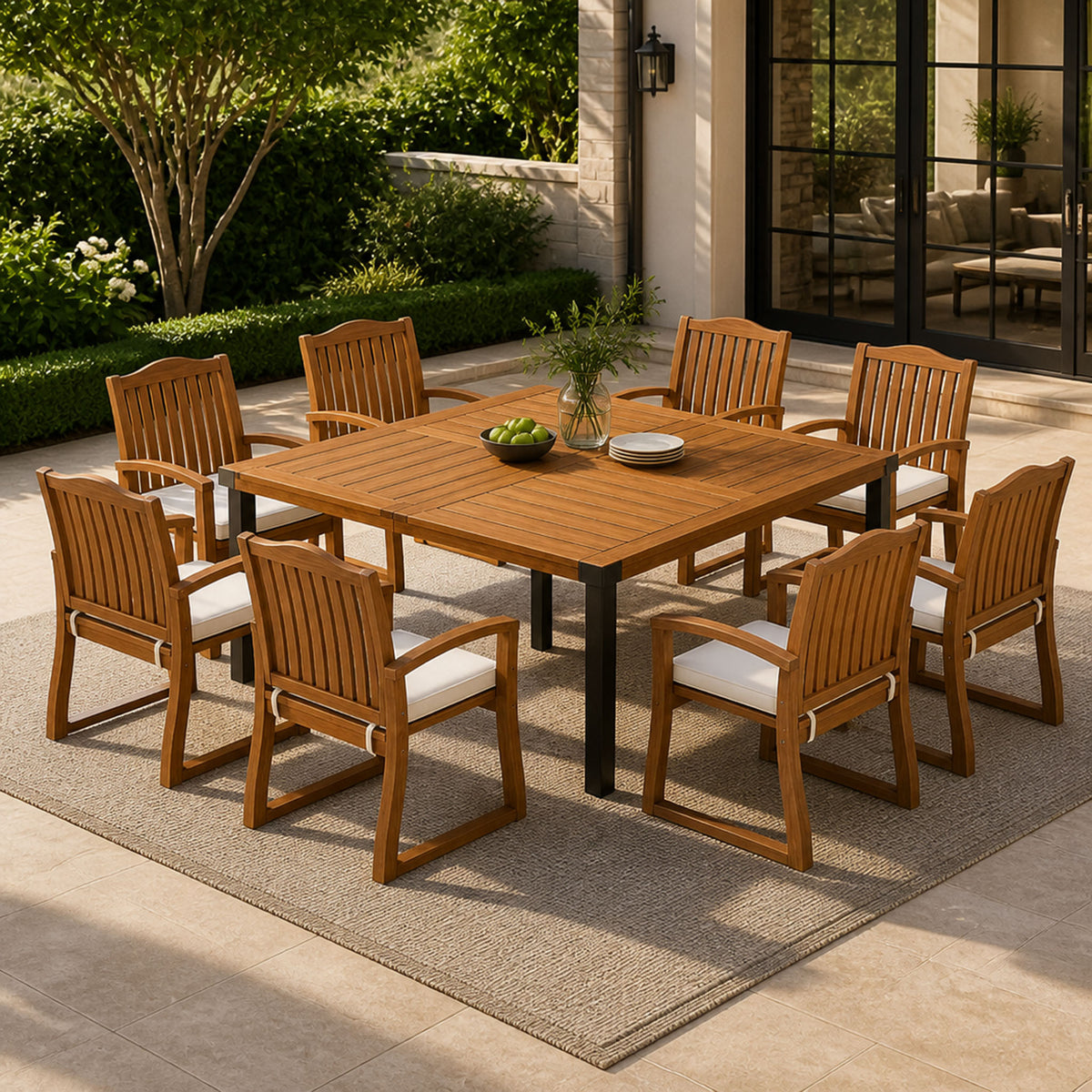 9‑Piece Acacia Wood Outdoor Patio Dining Set, 64' Square Teak Finish Wooden Table and 8 Arm Chairs with Cream Cushions, Slatted Back Design for Backyard Garden Deck