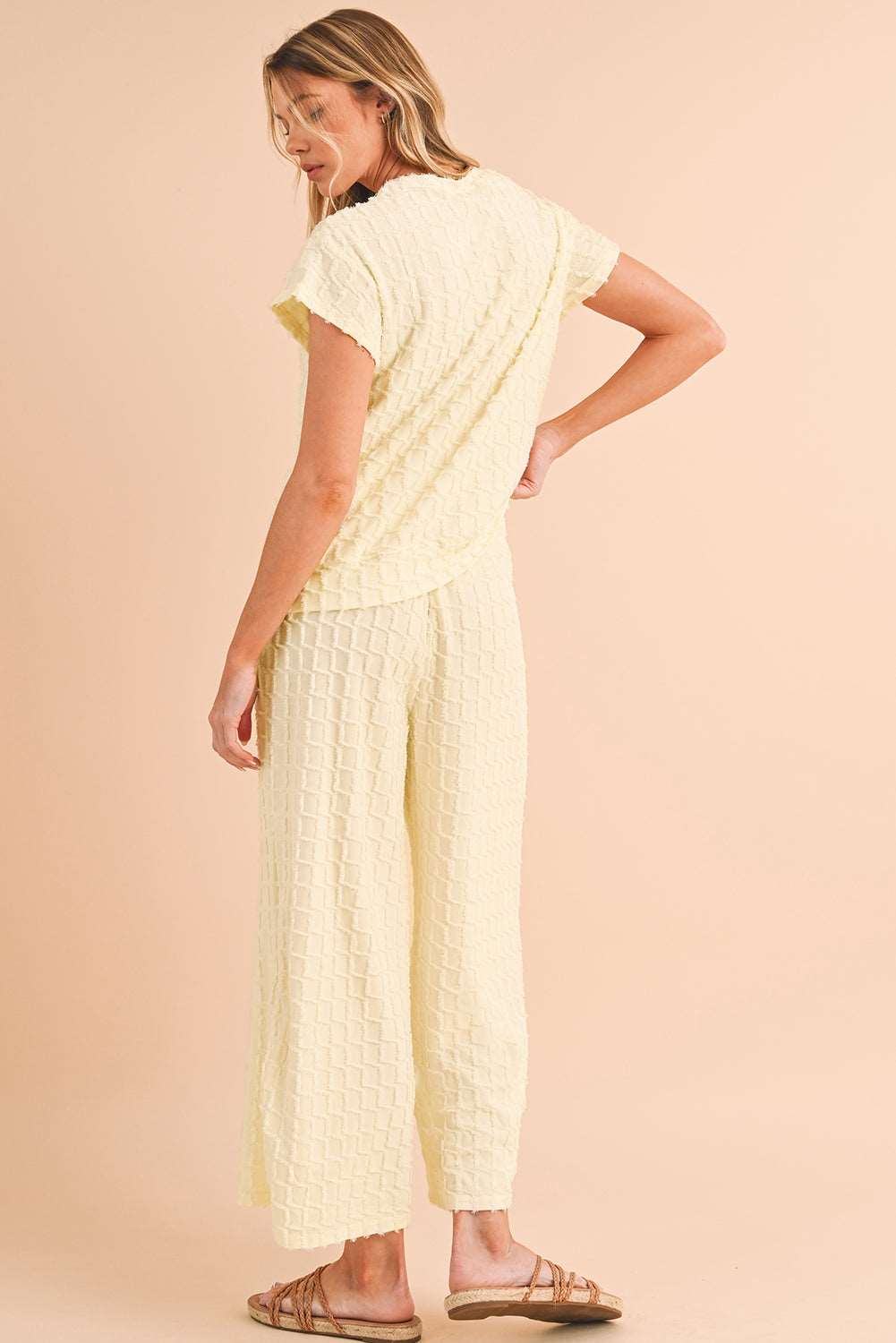 Apricot Lattice Textured Tee and Wide Leg Pants Two-Piece Set