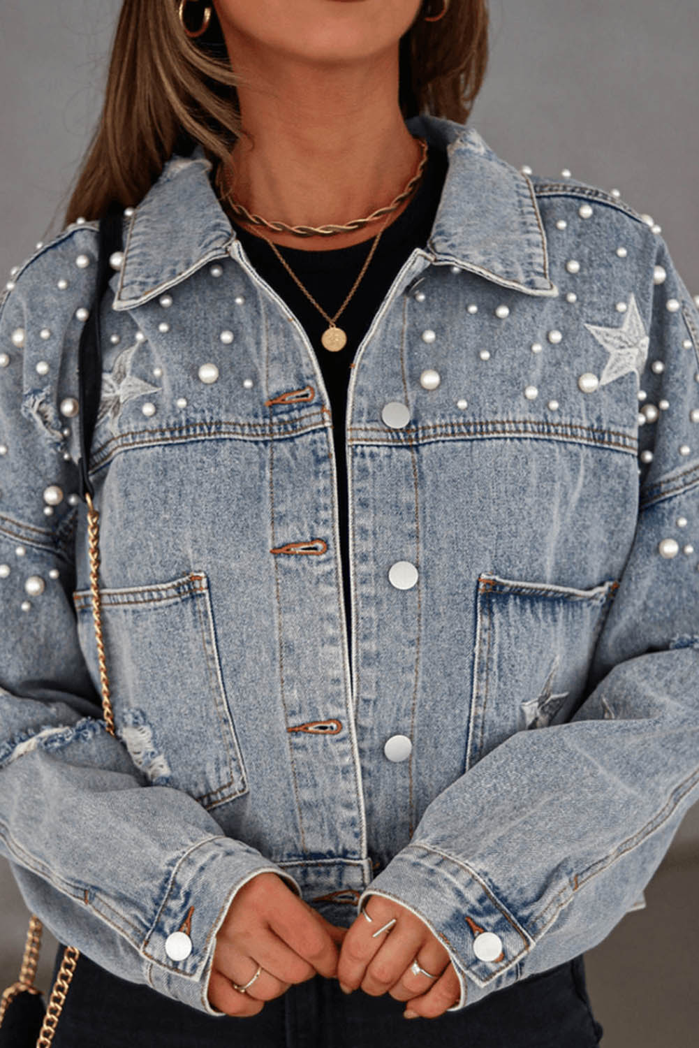 Wholesale Sky Blue Distressed Pearls Star Cropped Denim Jacket - Eloy Royal