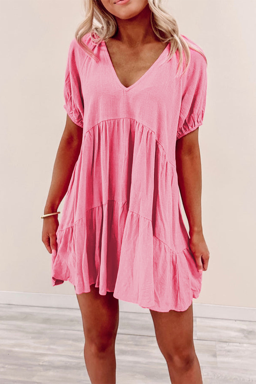 Strawberry Pink Puff Sleeve V Neck Tiered Swing Dress - Eloy Royal