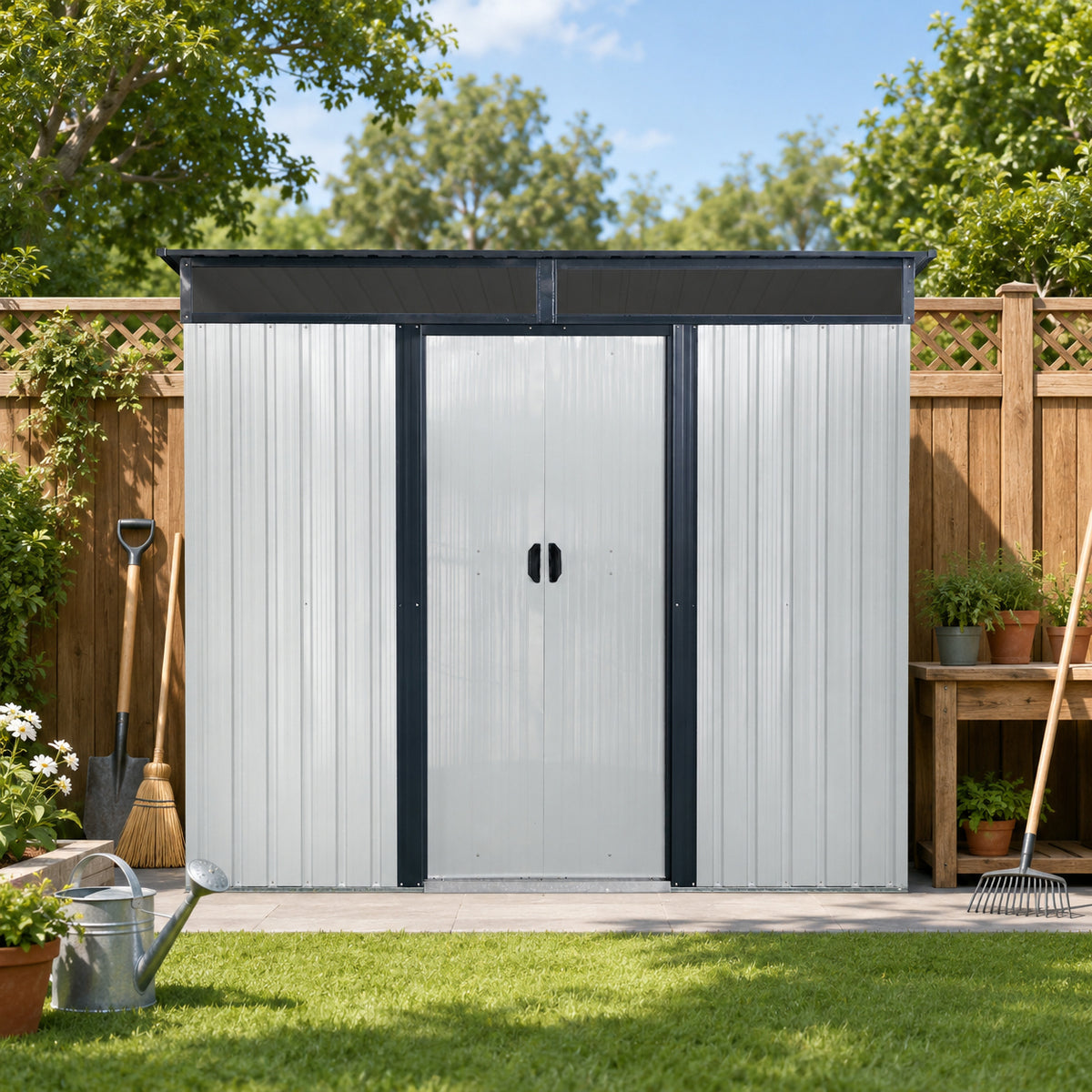 8ft x 6ft Outdoor Metal Storage with Lockable Sliding Doors and Transparent plate for Garden, Lawn  (White and Black)(W540P185314)