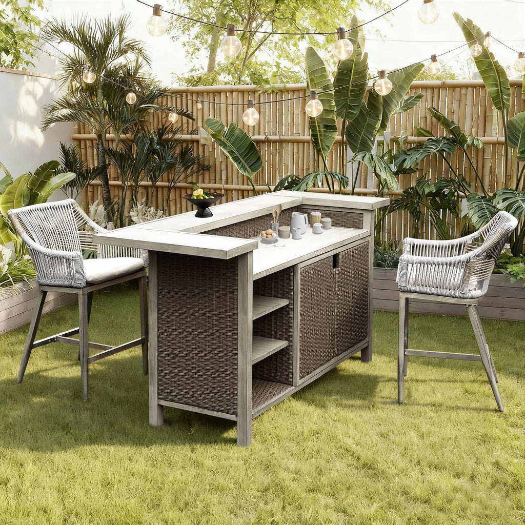 Outdoor Home Bar Unit Set of 3, All-Weather Wicker & Aluminum Frame Farmhouse Bar Table with 2 Counter Height Stools with Shelves and Cabinet, for Patio, Kitchen Island, Indoor Outdoor Use
