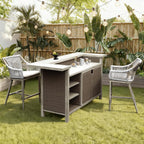 Outdoor Home Bar Unit Set of 3, All-Weather Wicker & Aluminum Frame Farmhouse Bar Table with 2 Counter Height Stools with Shelves and Cabinet, for Patio, Kitchen Island, Indoor Outdoor Use