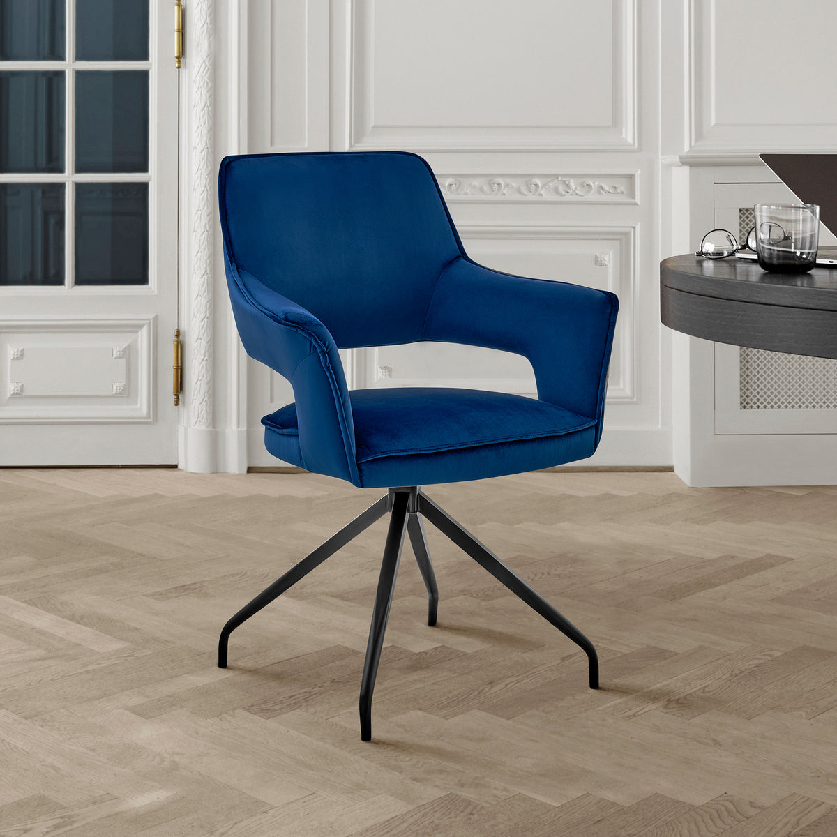 Devora Dining Room Accent Chair in Blue Velvet with Black Finish
