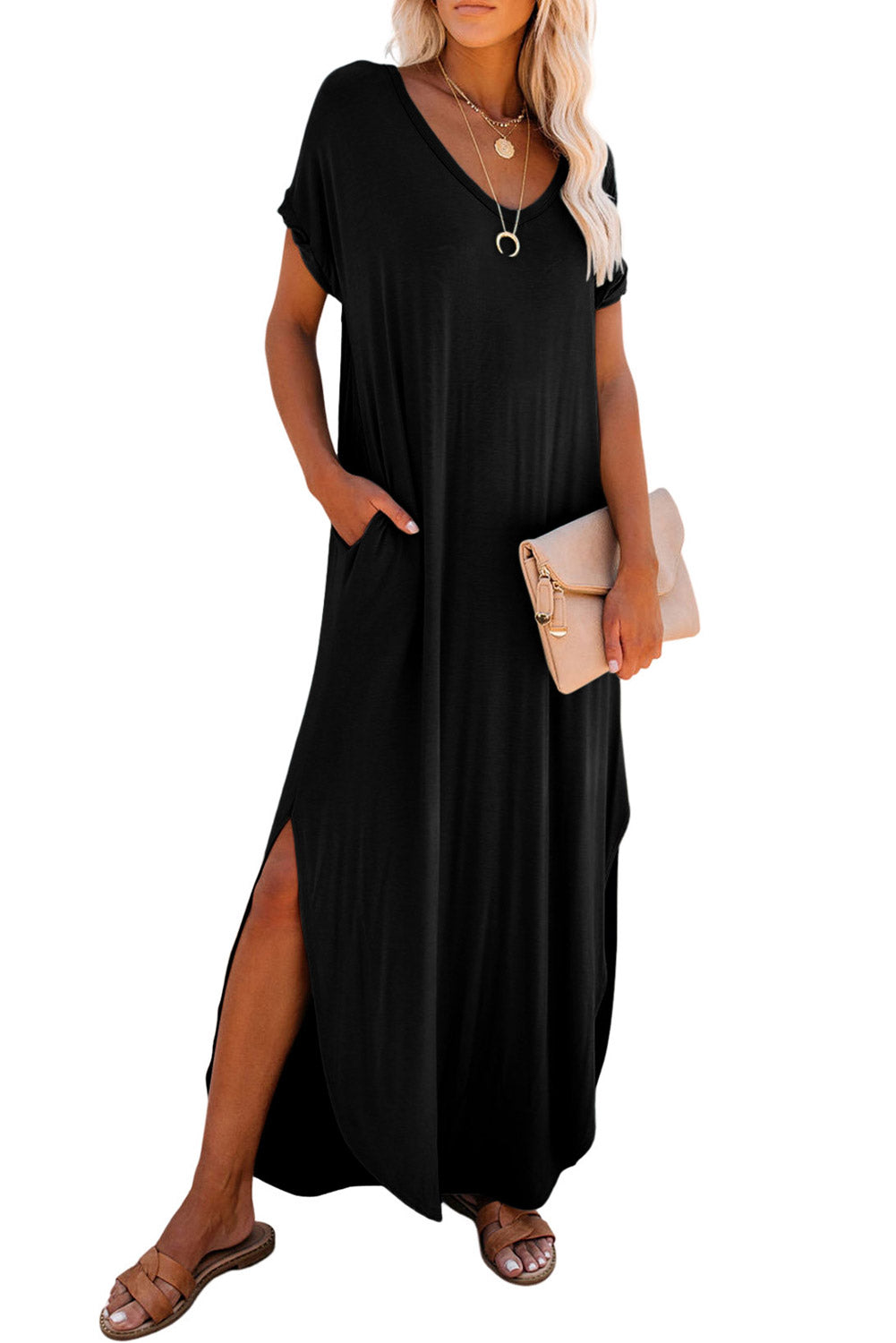 Black Solid Color Hidden Pocket V Neck Slit Maxi Dress - Eloy Royal