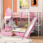 Twin-Over-Twin Castle Style Bunk Bed with 2 Drawers 3 Shelves and Slide - Pink(OLD SKU:LT000559AAH-1)