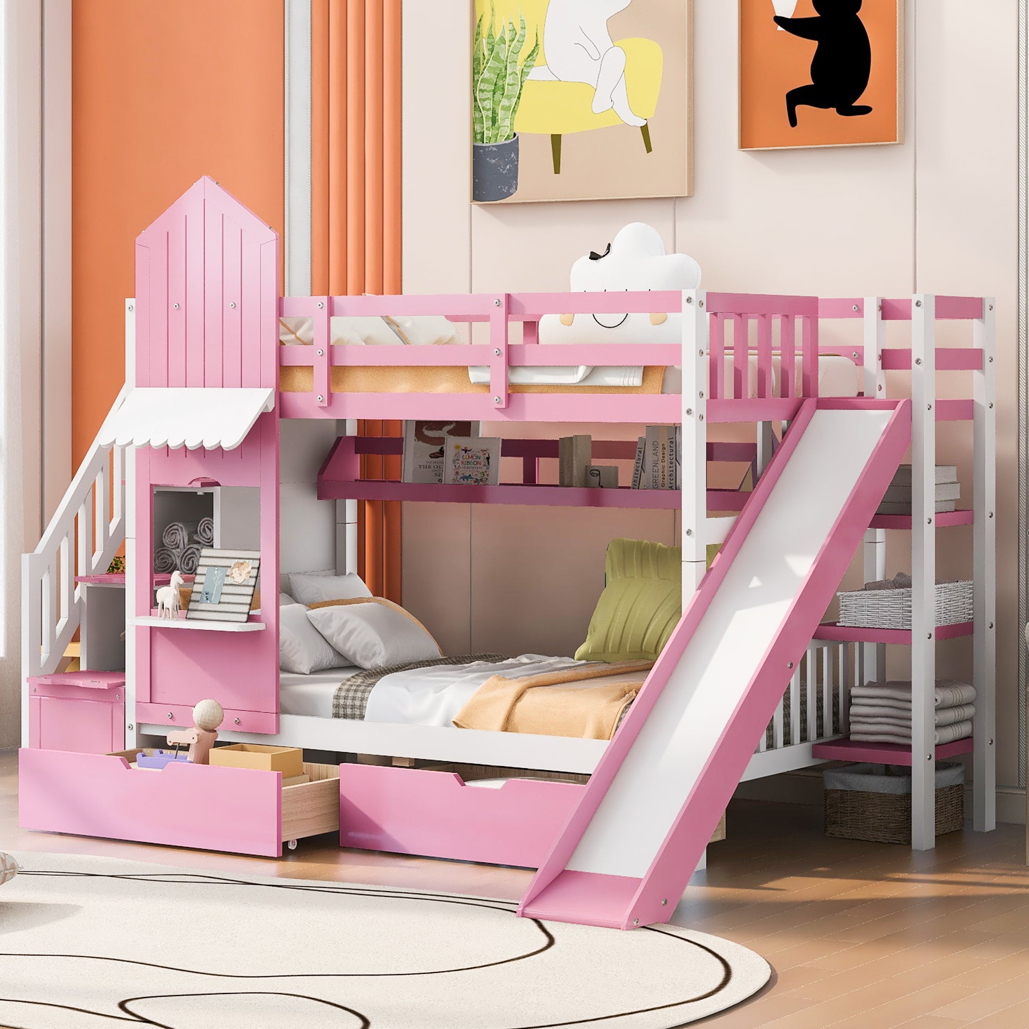 Twin-Over-Twin Castle Style Bunk Bed with 2 Drawers 3 Shelves and Slide - Pink(OLD SKU:LT000559AAH-1)