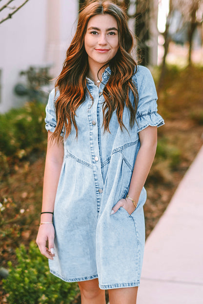 Blue Mineral Washed Ruffled Short Sleeve Pocketed Denim Dress - Eloy Royal