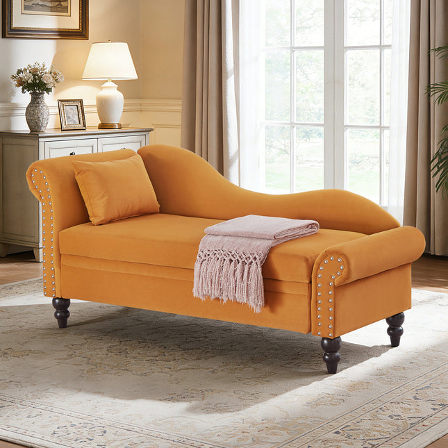 64.5'' Modern Velvet Chaise Lounge,Lounge Sofa with Storage for Bedroom, Living Room and Office , Lounge Chair with Left Armrest  Lumbar Pillow,Round Armrest with Silver Nails Decoration,Earthy Yellow