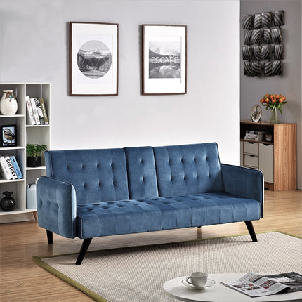 72' Velvet Convertible Sofa Bed with Cup Holders, Tufted Folding Futon Sleeper Couch, Mid-Century Modern 3 Seater for Small Spaces, 72' L x 34.6' D x 31' H,  Blue